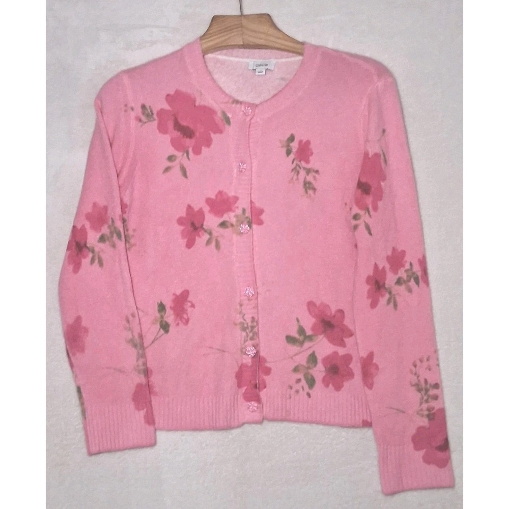 CeCe Women's Medium Sweater Pink Floral Button Front Cardigan Fuzzy Preppy